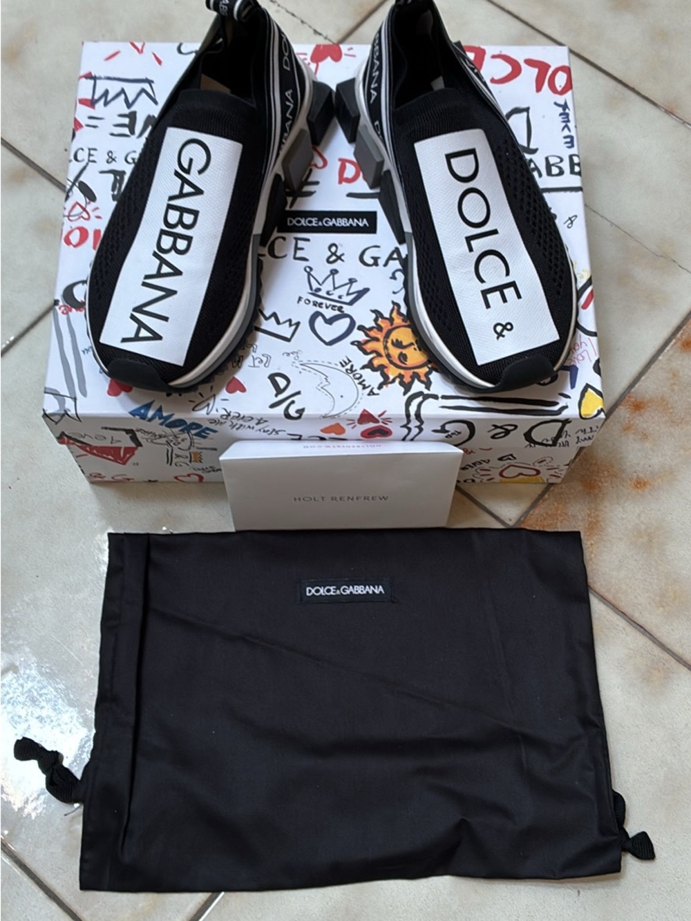 Dolce & Gabbana Black and White Logo Slip-On Sneakers